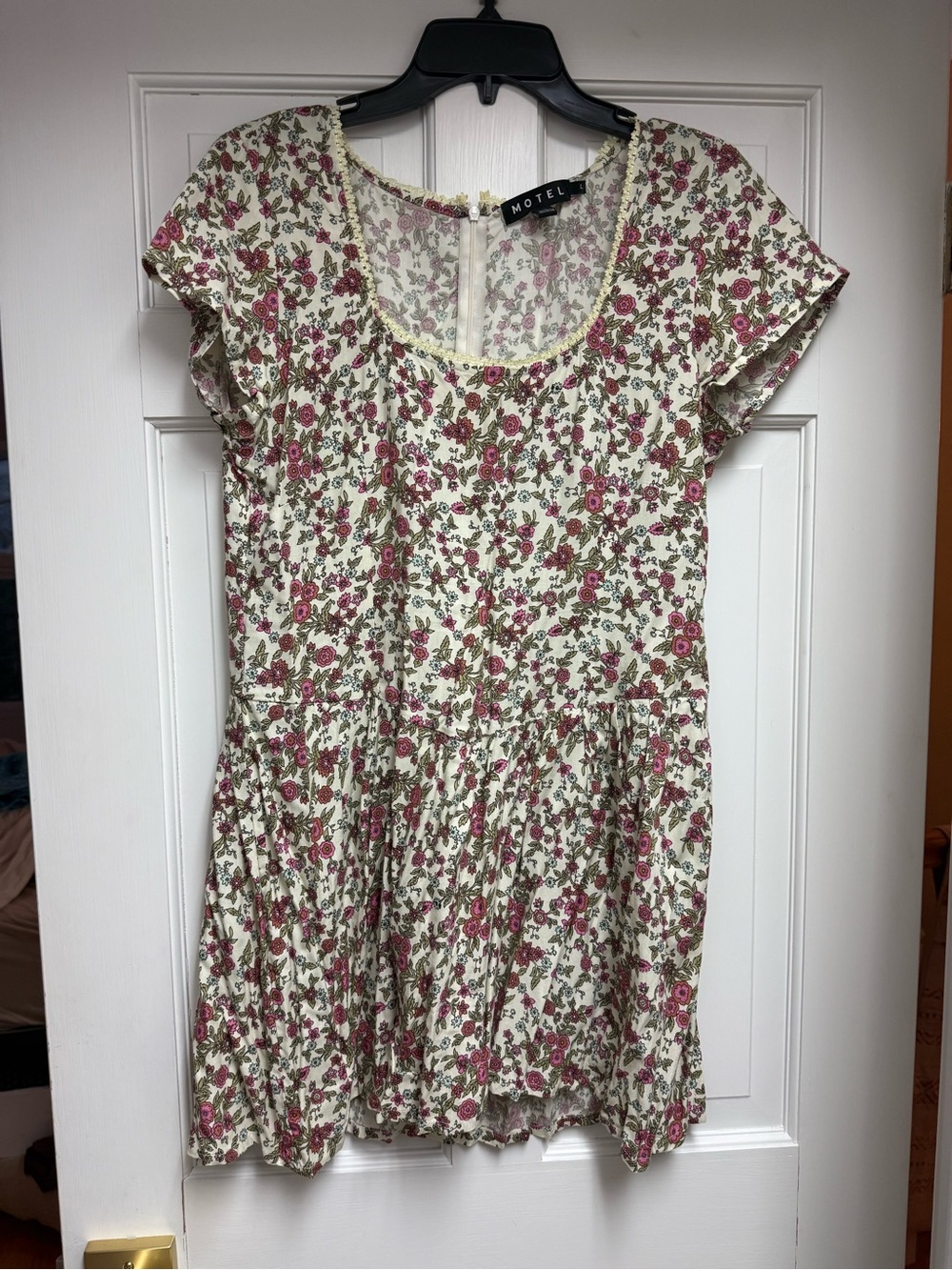 Motel Rocks Ivory Floral Mini Dress with Pink and Green Print